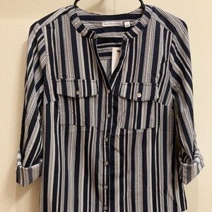 Notations button up navy and white striped blouse size small